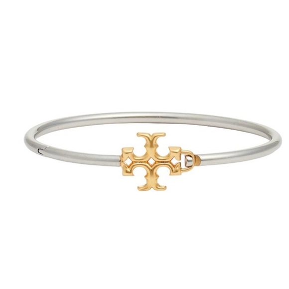 Tory Burch Jewelry - Tory Burch silver/ gold Eleanor Logo Hinged cuff bracelet